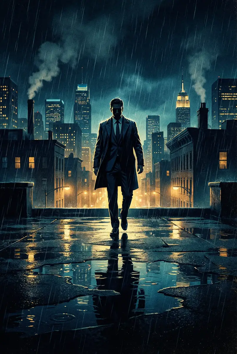 骨语第二部免费观看 出品影片《雨夜独行者》海报，雨中城市屋顶男性剪影